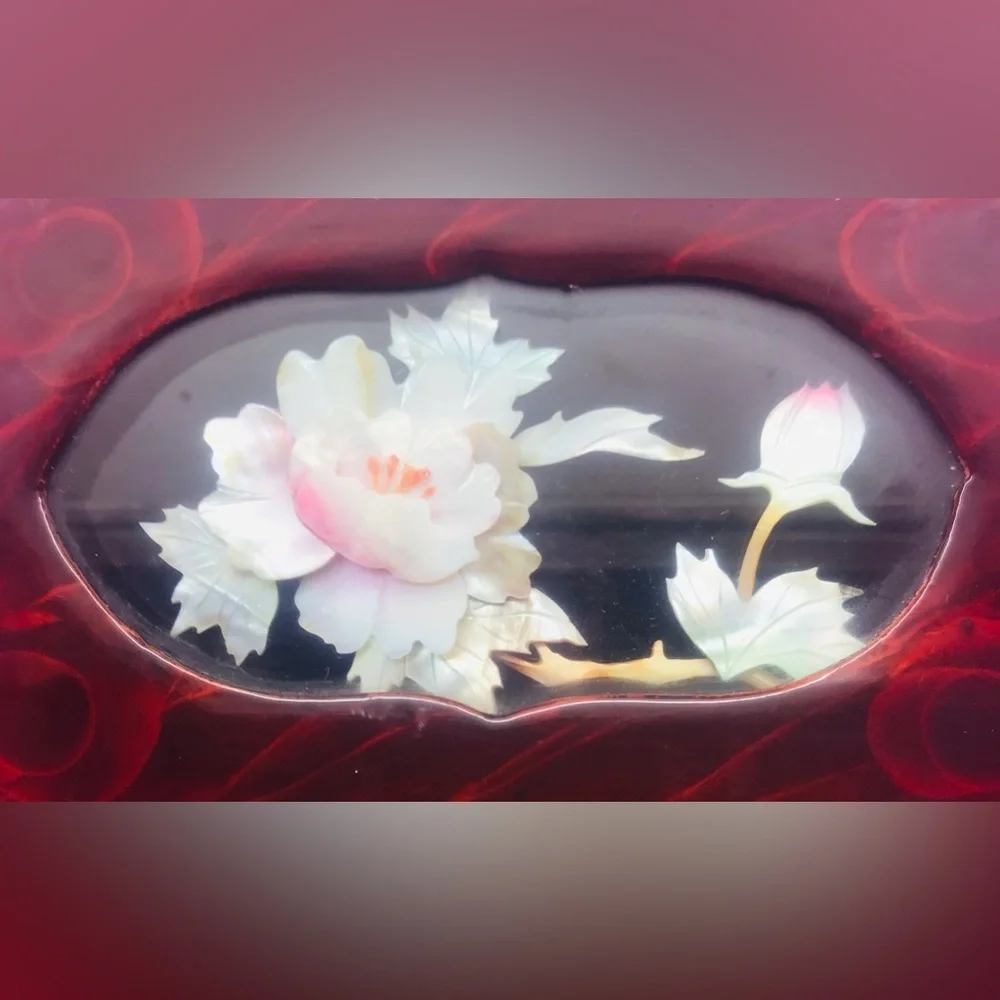 Brown Lacquer with Gold Latch and Mother of Pearl Shadow Box Top Red Inside